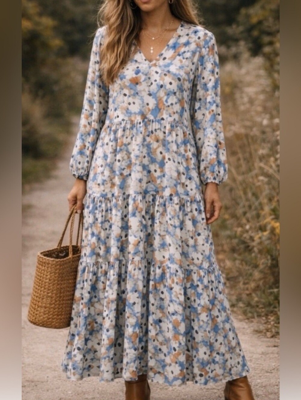 JOIE Limited Edition Chiffon Tiered Maxi Dress Blue Floral Fields Long Sleeve XL